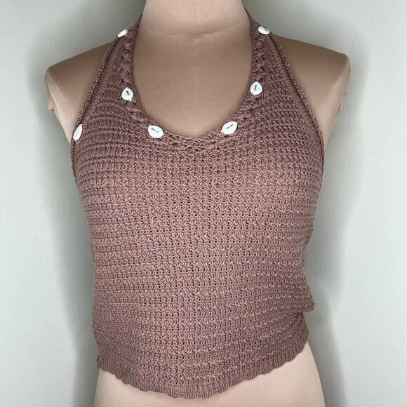 Sincerly Jules Tops - Sincerely Jules Crochet Halter Top Womens Size Medium Brown Knit Coastal Shells
